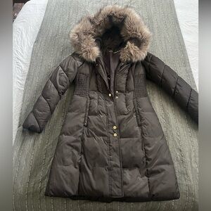 Via Spiga Green/Brown Puffer Coat with Fur Hood